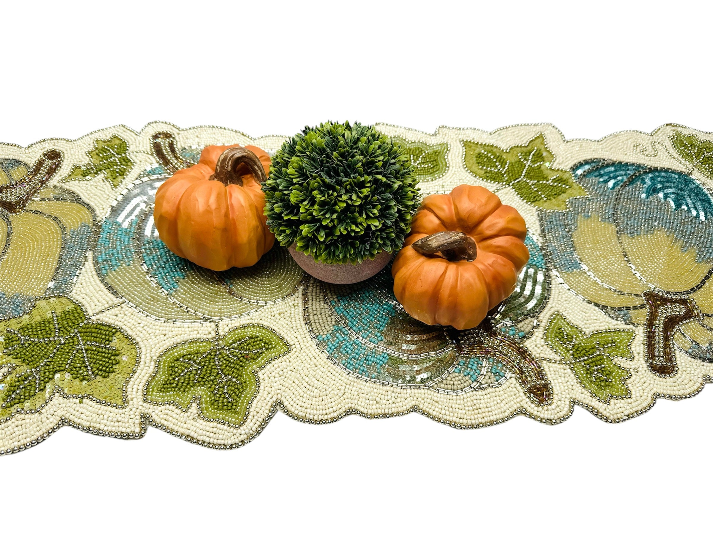 Handmade beaded fall colorful pumpkin table runner